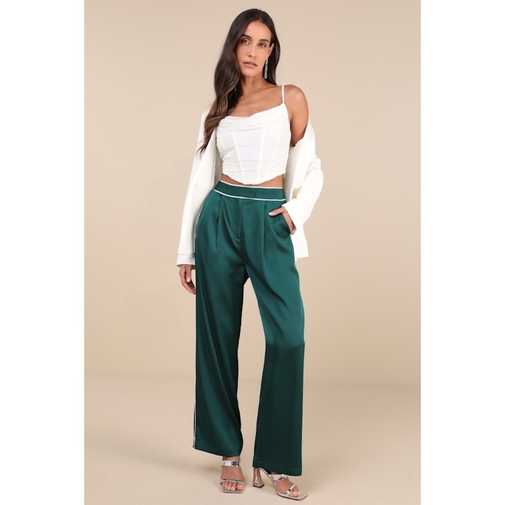 Sophisticated Step Emerald Satin Wide-Leg High-Rise Pants